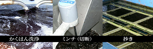 左から「拡販洗浄」「ミンチ（切断）」「抄き」